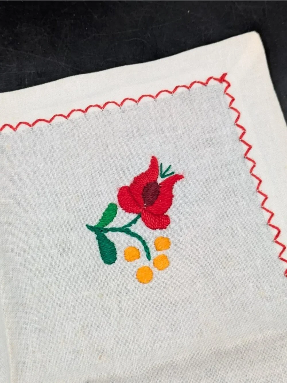 Vintage Linen Tea Napkins Embroidered Floral on White Red Trim Set of 4